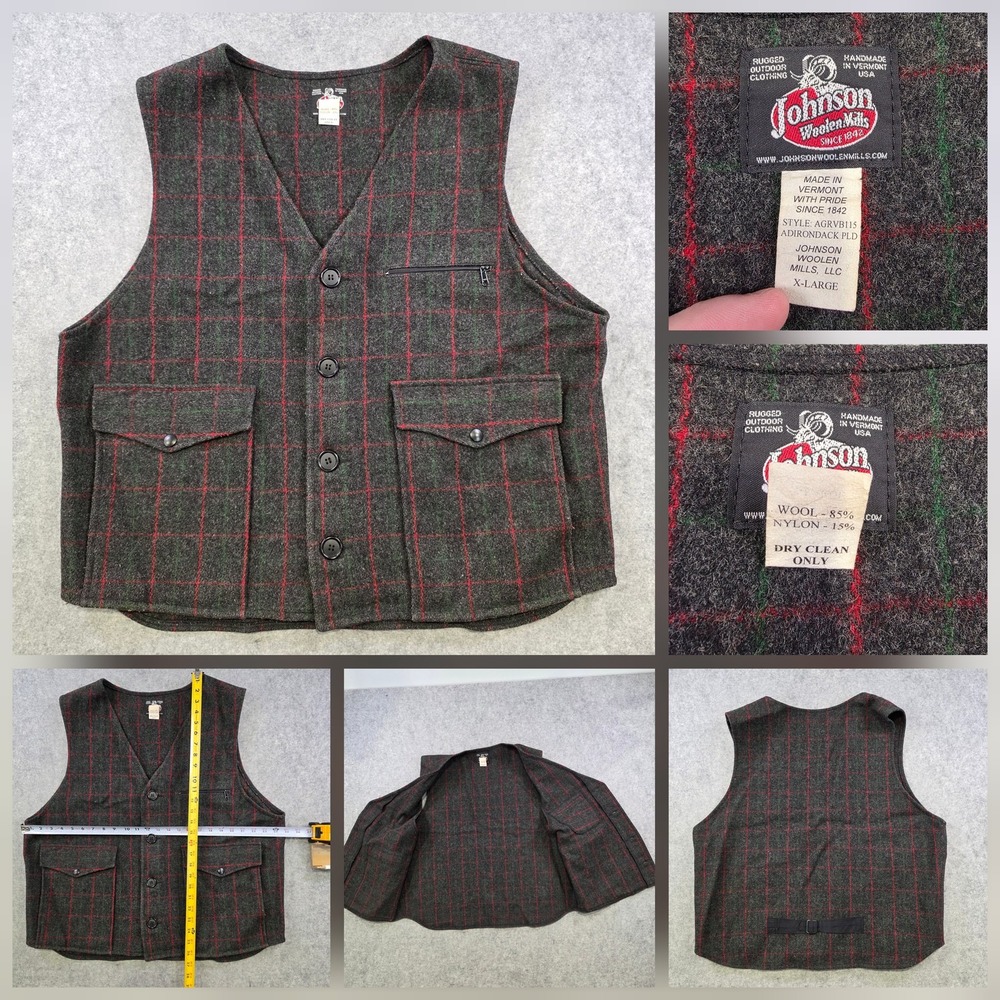 Johnson Woolen Mills Vest Mens XL? Gray Plaid Wool Adirondack PLD USA Hunting